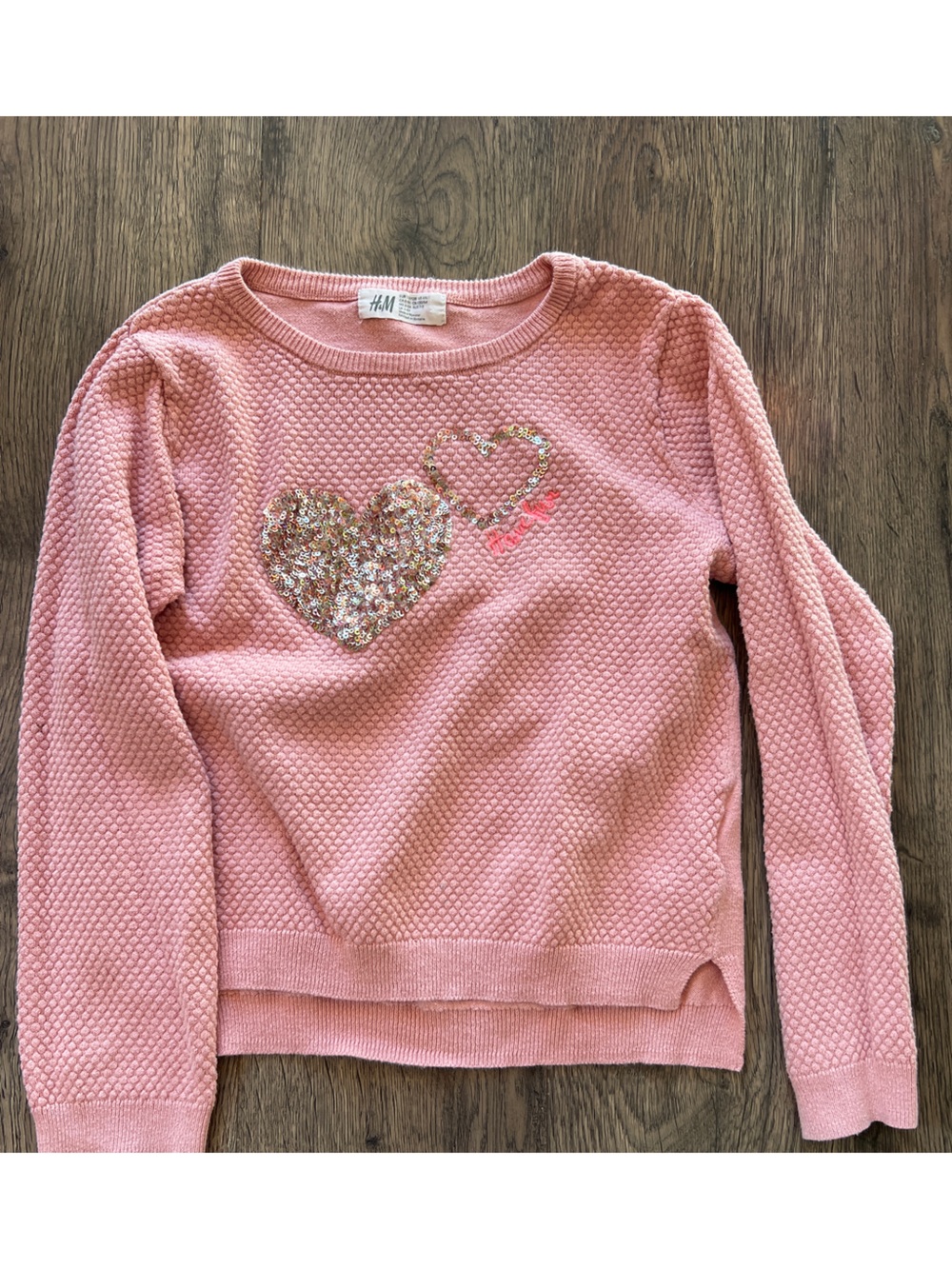 H&M Pink Textured Sweater with Sequin Heart Accents